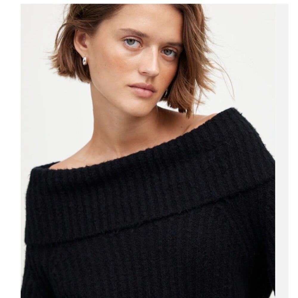 NWT Madewell Cotton-Blend Off-Shoulder Pull-On Turtleneck Sweater Black M
